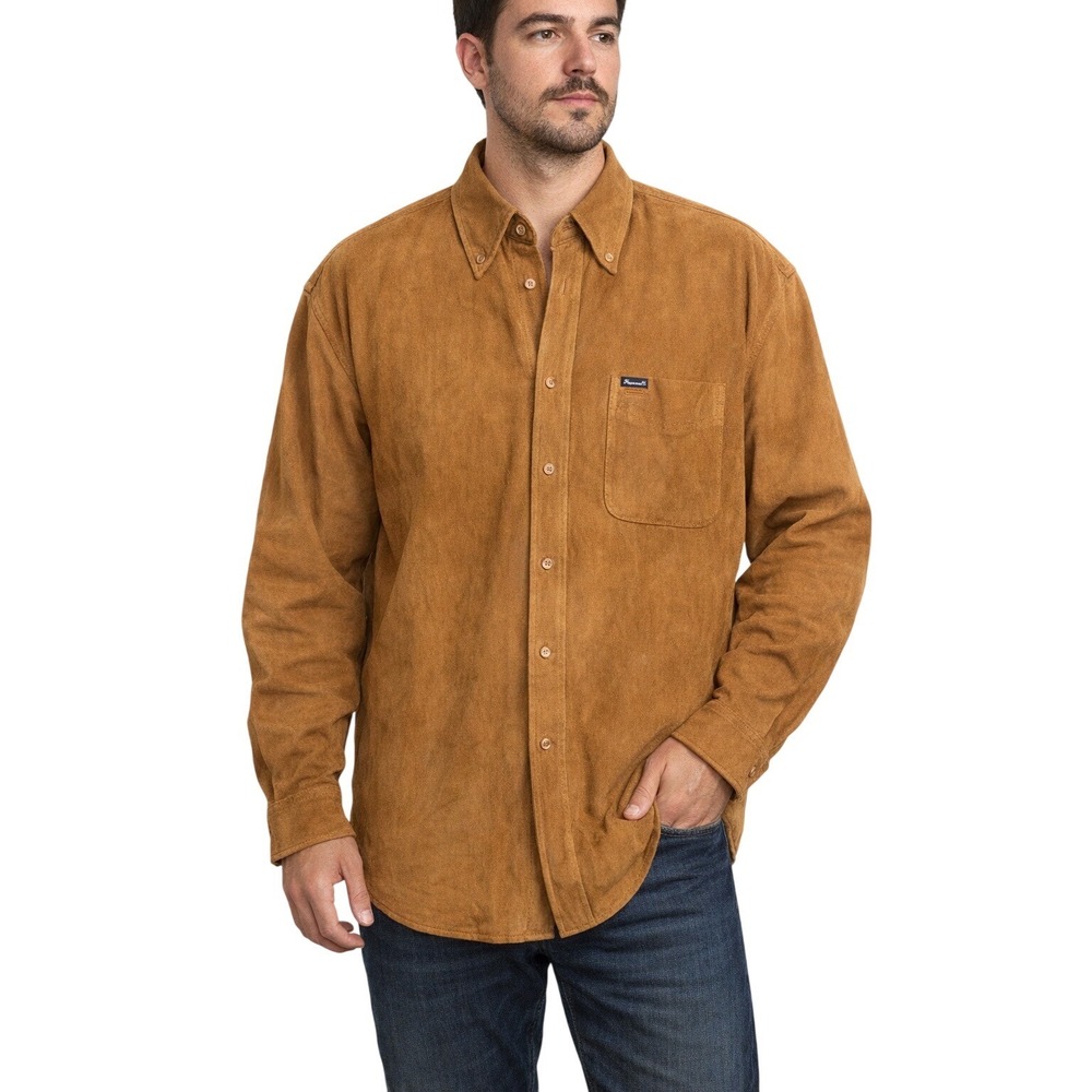Faconnable Mens Genuine Suede Leather Button Down Shirt Tobacco Brown 1990's